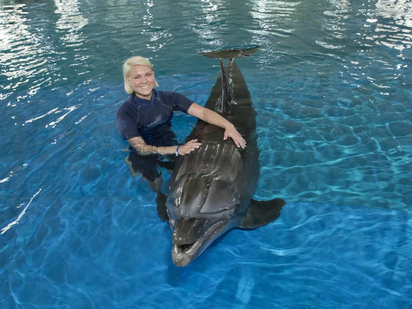 Dorota Kapela-Zajfert z delfinem - założycielka Tosiaczek Swimming
